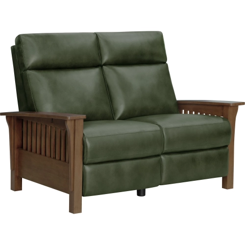 Artisan Power Reclining Loveseat with Power Headrests in Oasis Olive Green Top-Grain Leather & Wood
